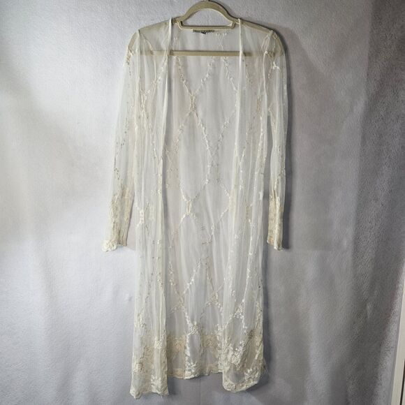 HAUTE MONDE Lace Embroidered Duster Cover Up Sz S Beige Cream - Picture 1 of 8